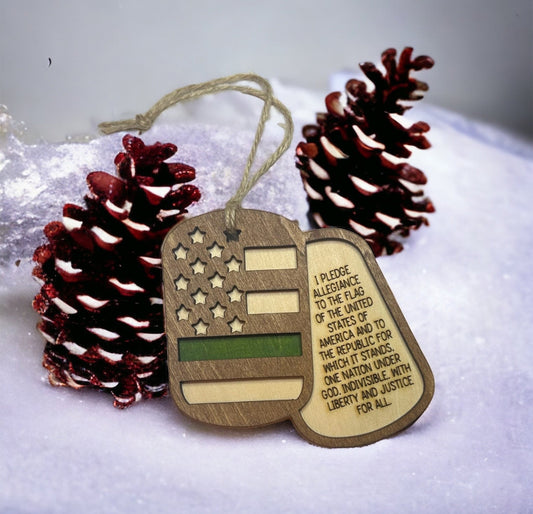 Military Dog Tag Ornament, American Flag and Engraved Pledge of Allegiance