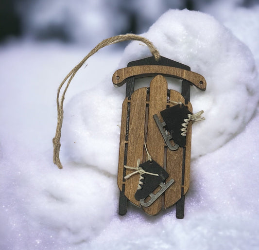 Wooden Handmade Christmas Sled and Ice Skates Ornament, Handmade Gift, Bag Tag