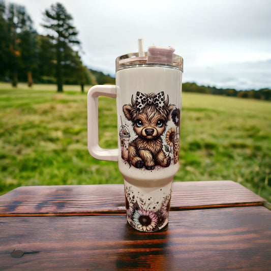 40 oz Stainless Steel Colorful Highland Cow with Sunflowers Coffee and Bows, 40oz  Dupe Tumbler with handle and optional lid topper